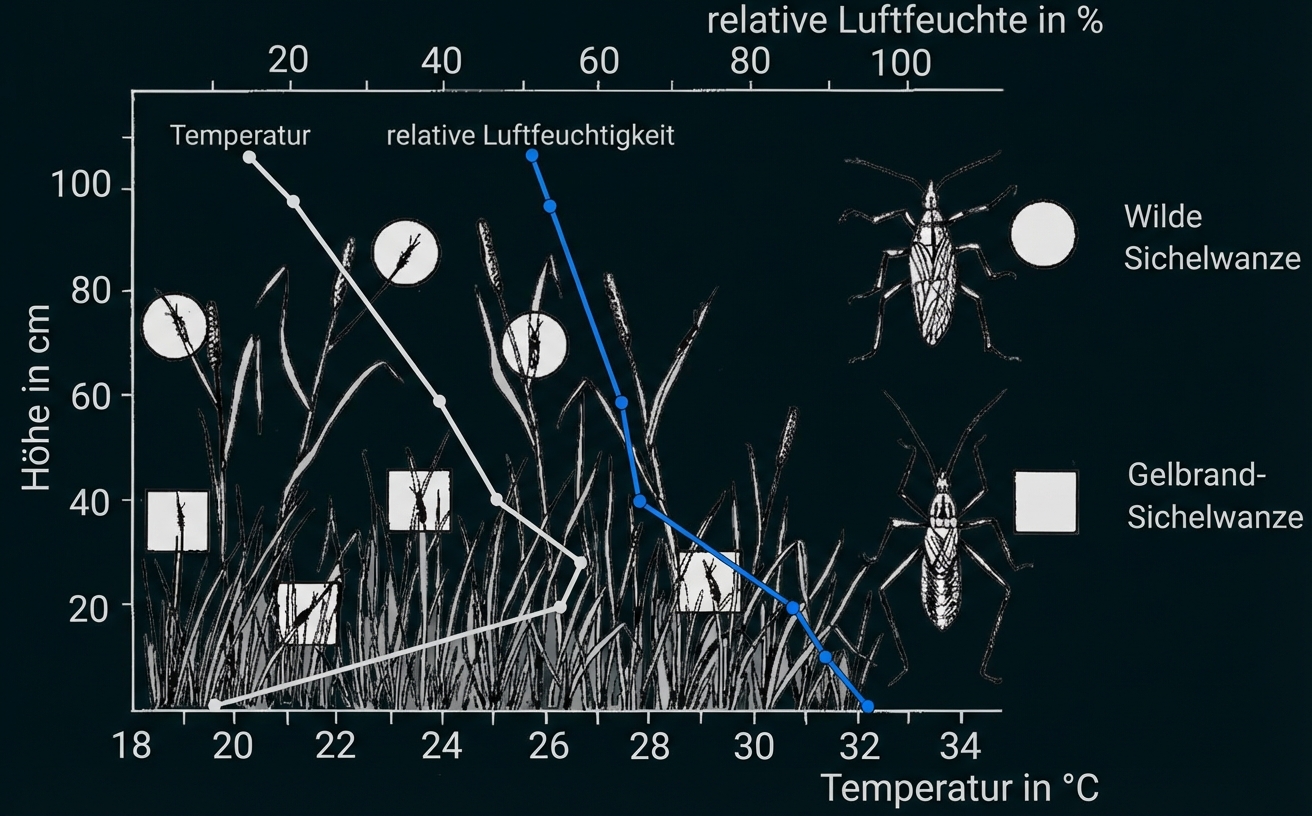 Diagramm: Temperatur- und relative Luftfeuchtekurven im Gras mit Zeichnungen zweier Sichelwanzen.